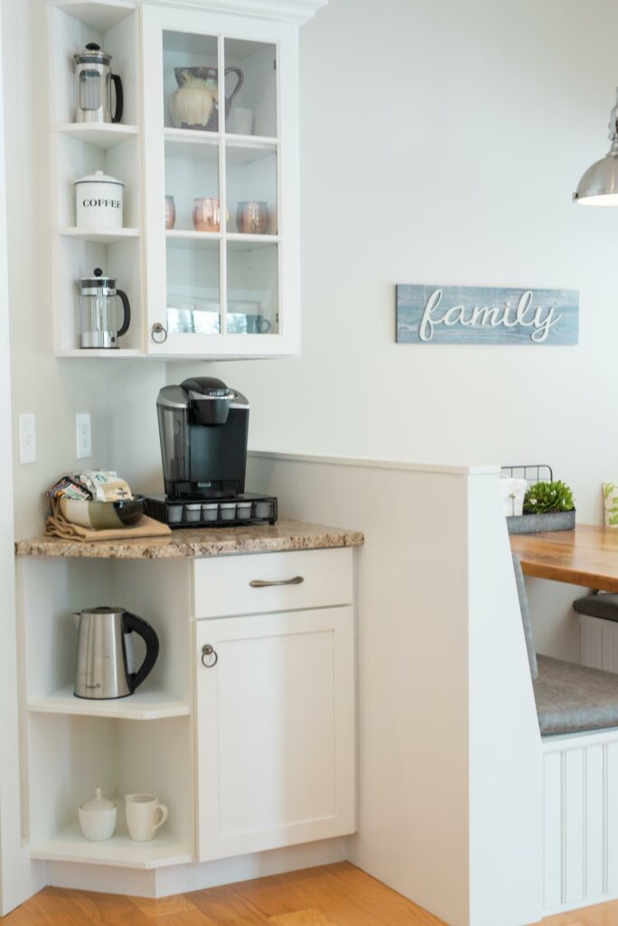 Built-in coffee nook beside a family dining bench